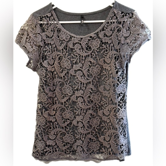 Elegant Gray Lace Overlay Top - Picture 1 of 5